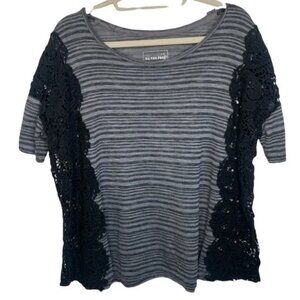 FREE People Striped Lace Short Sleeve Top Gray Size Medium
